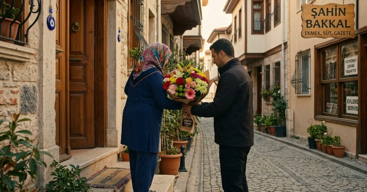 Kuryenin çiçek buketini alıcıya kapıda teslim etmesi