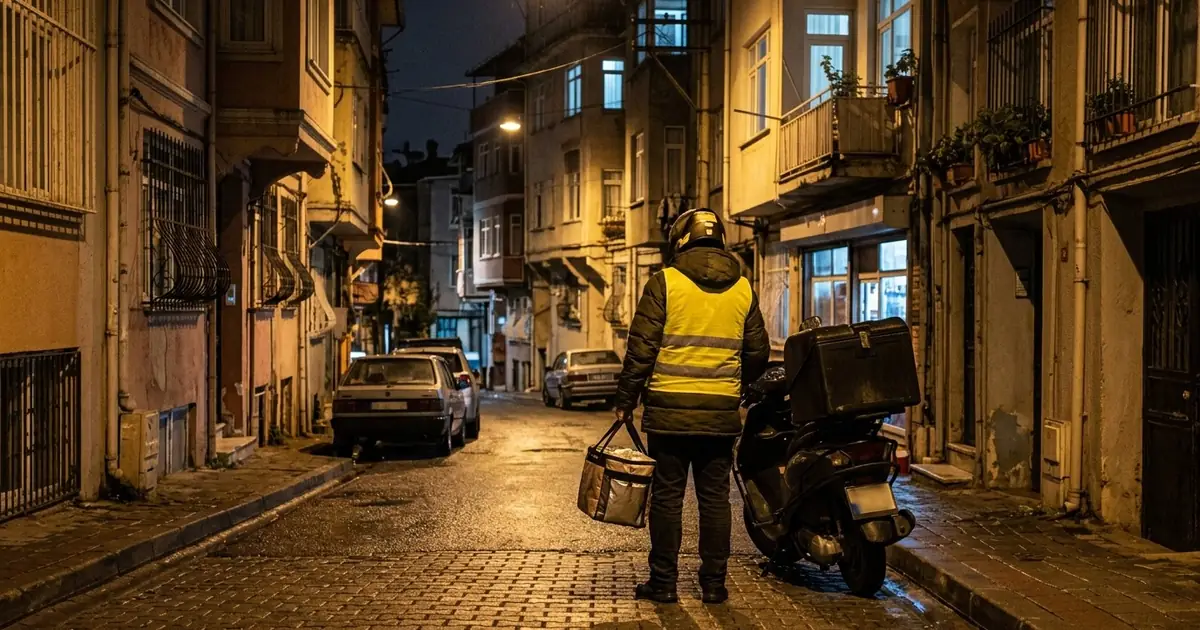 Gece saatinde teslimat için adrese ulaşan moto kurye