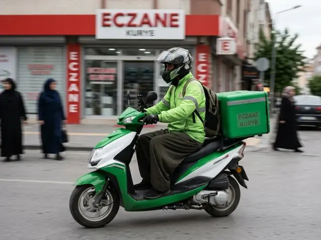 Eczane önünde ilaç teslimatına çıkan kurye